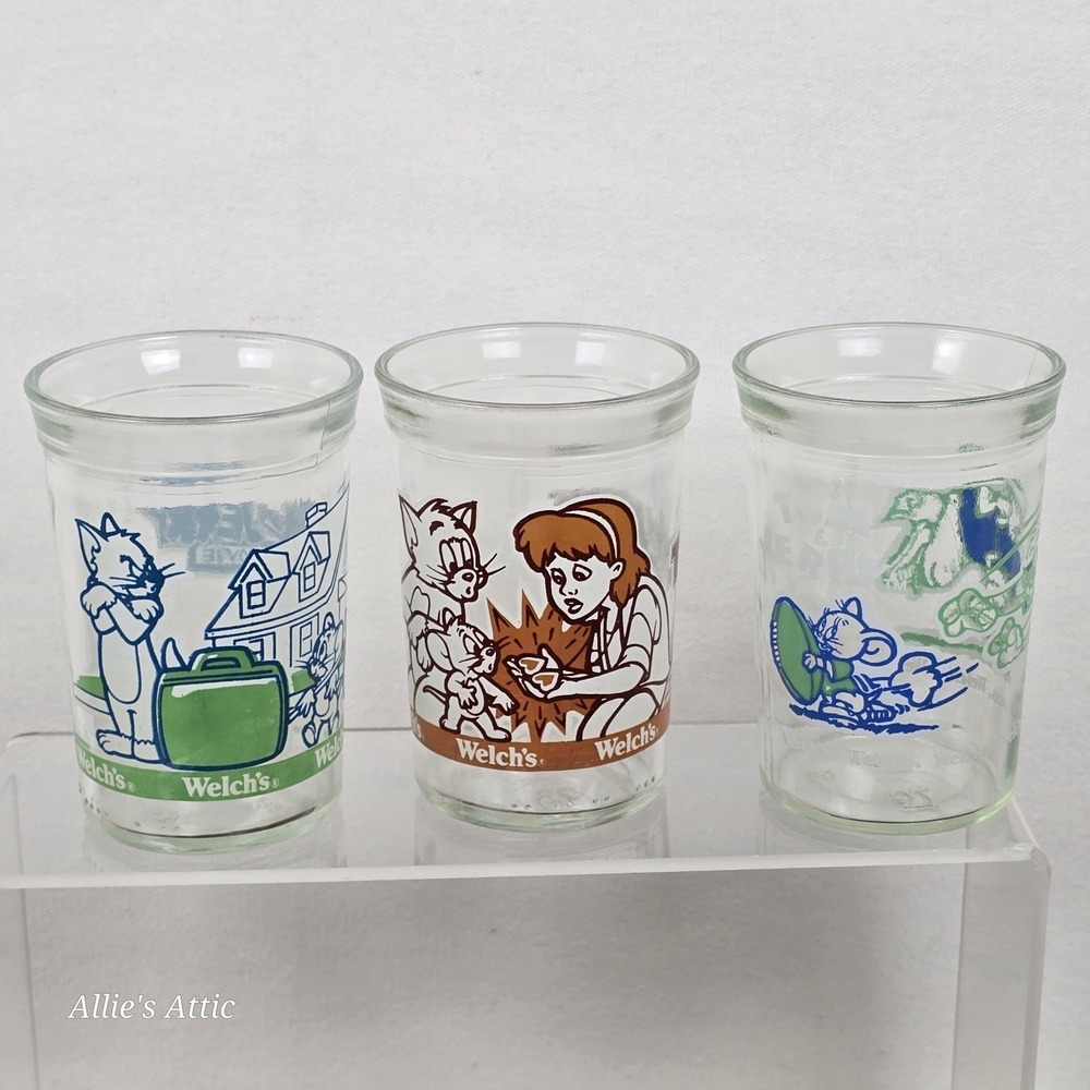 3 Welch's Tom & Jerry Jelly Jam Jars Glasses Cups Lot Cat Vintage 90s Decor